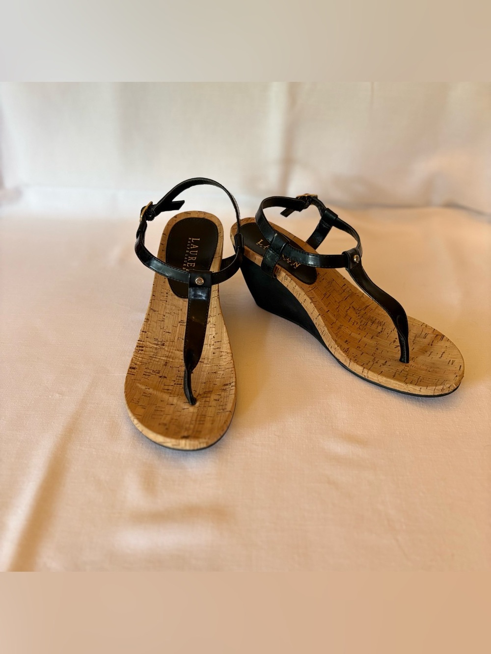 Lauren Ralph Lauren Black Cork Wedge T-Strap Sandals